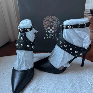 Vince Black Studded Pointed-Toe Ankle-Strap Pumps